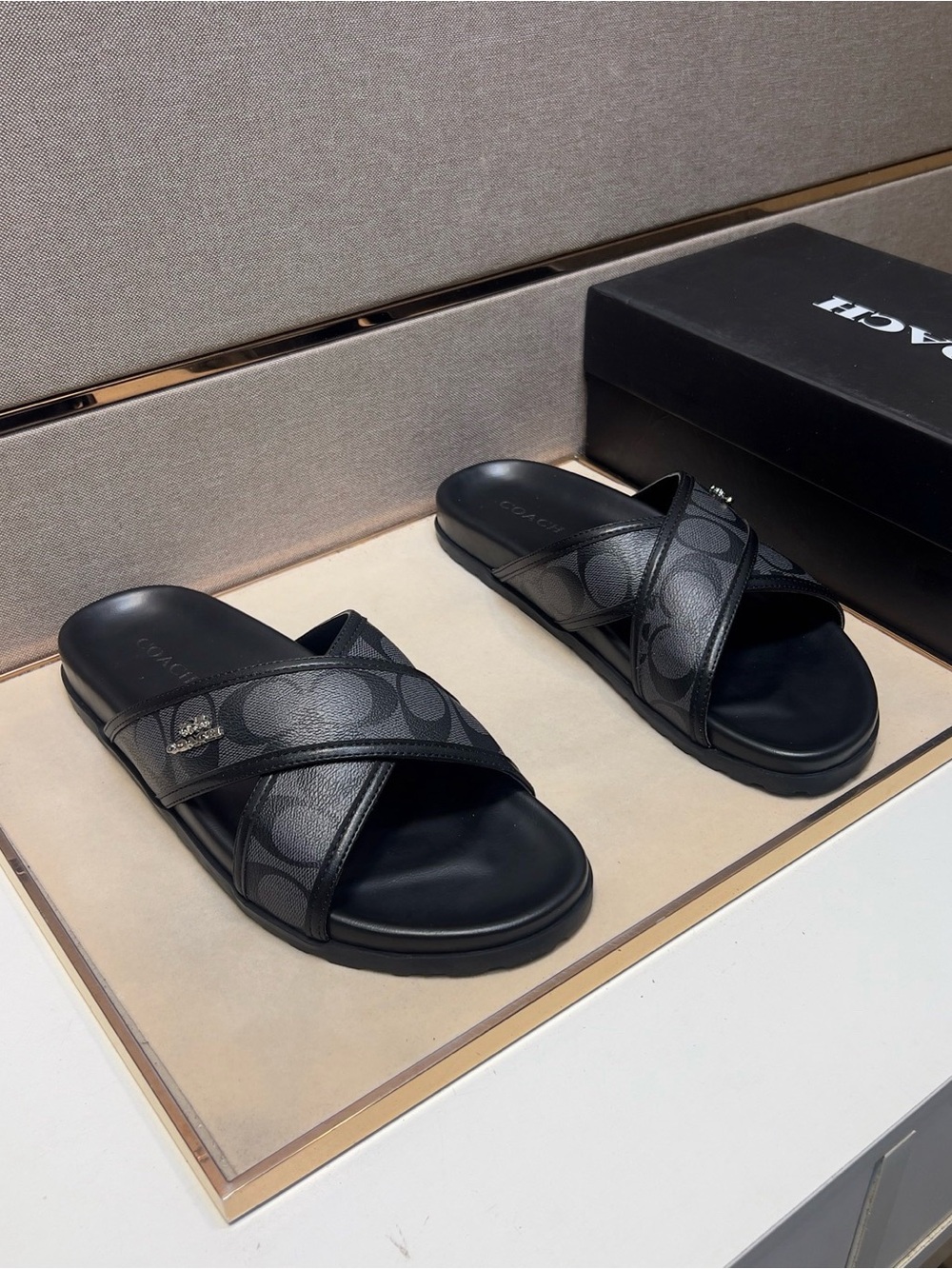 Coach Men’s Black Crisscross Signature Slide Sandals